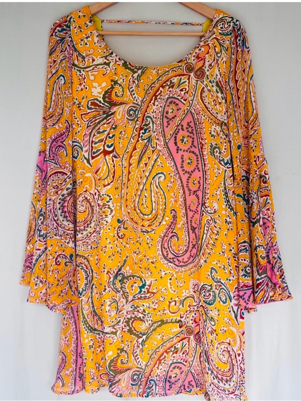 Swell Paisley Boho Dress Bell Sleeve Low Back A-Line Festival Retro • Size L